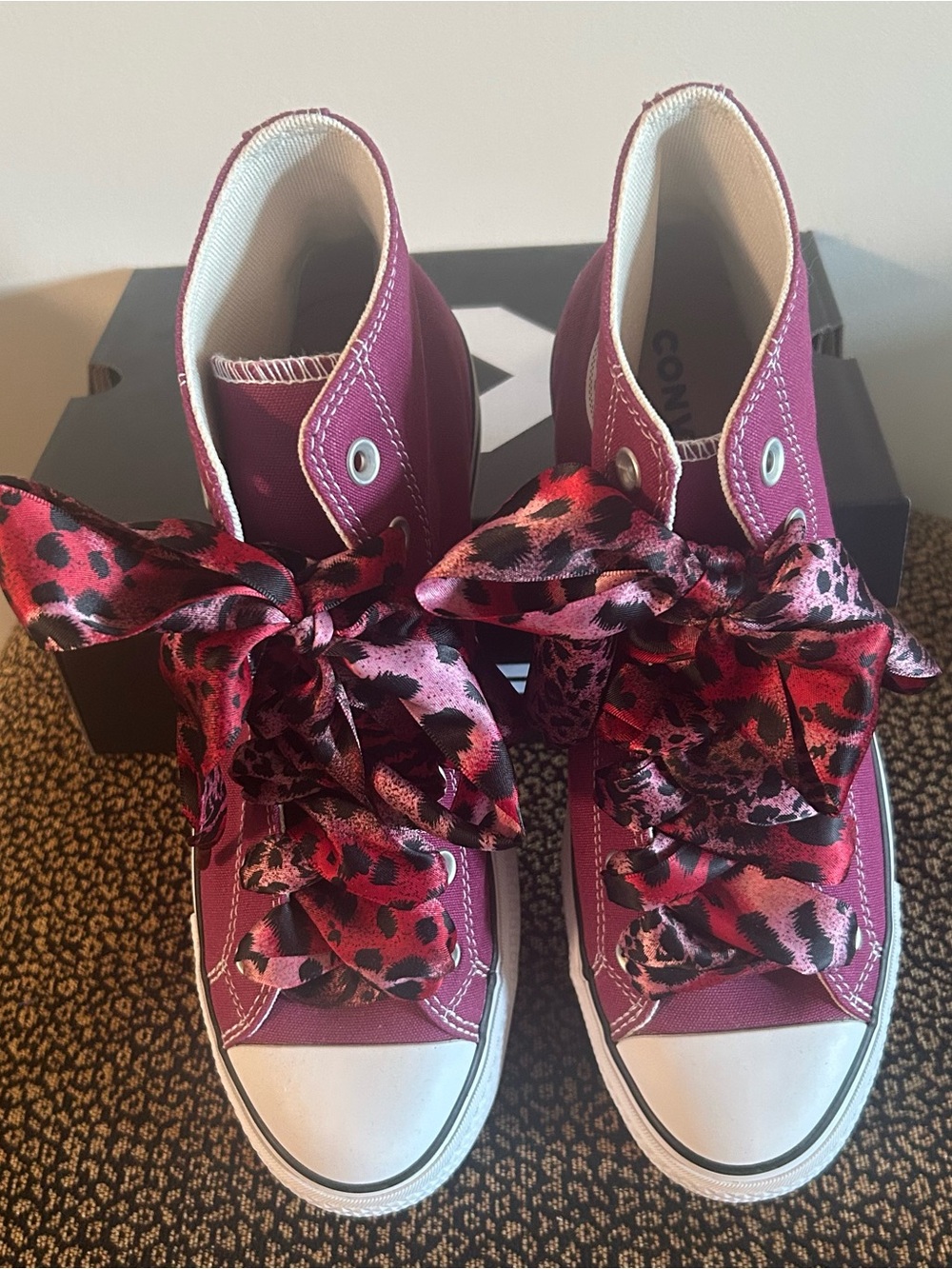 NEW Burgundy Converse AS Platform High-Top Canvas with Bonus Leopard Satin Laces